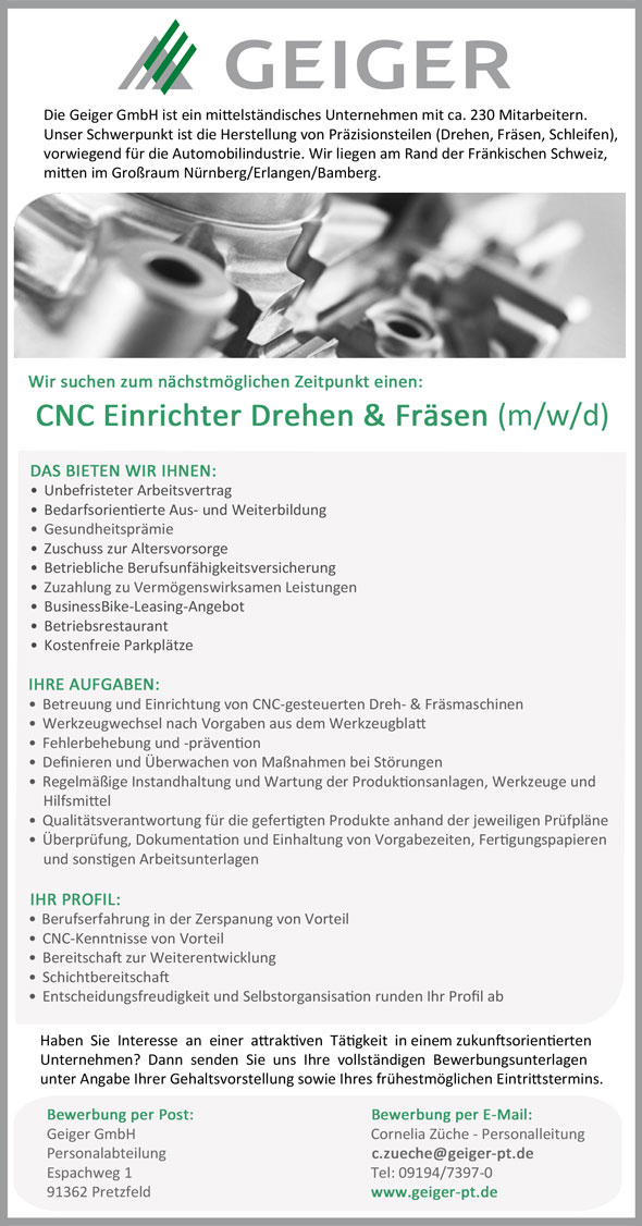 Stelle als CNC Einrichter Drehen & Fräsen (m/w/d)