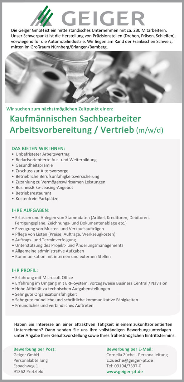 Stelle als kaufmännischer Sachbearbeiter Arbeitsvorbereitung / Vertrieb (m/w/d)