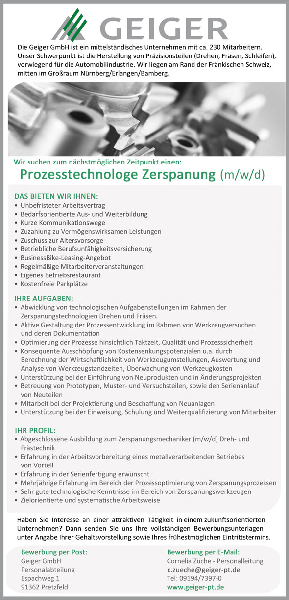 Stelle als Prozesstechnologe Zerspanung (m/w/d)