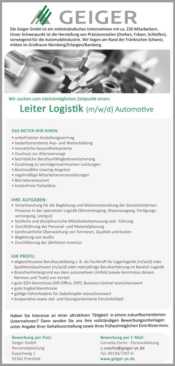 Stelle als Leiter Logistik Automotive (m/w/d)