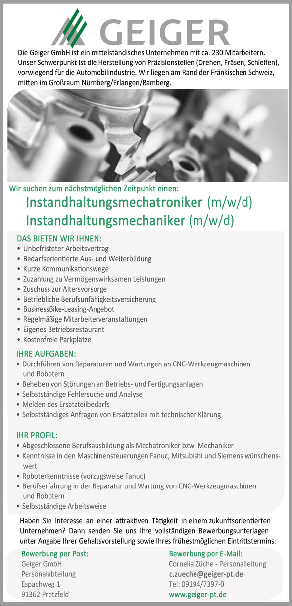 Stelle als Instandhaltungsmechatroniker/-mechaniker (m/w/d)