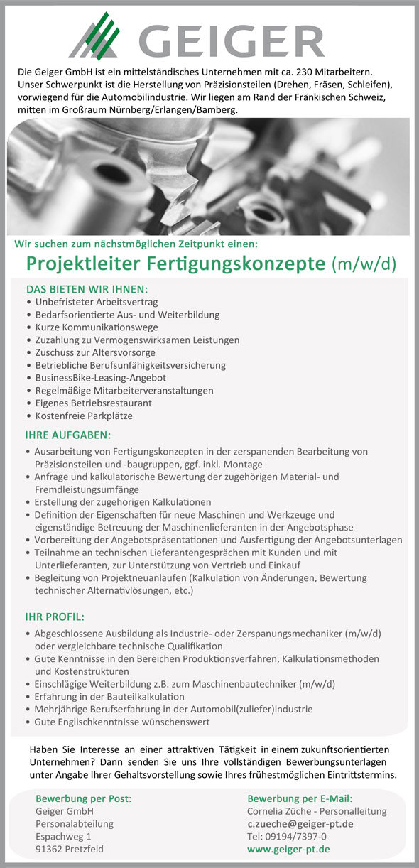 Stelle als Projektleiter Fertigungskonzepte (m/w/d)