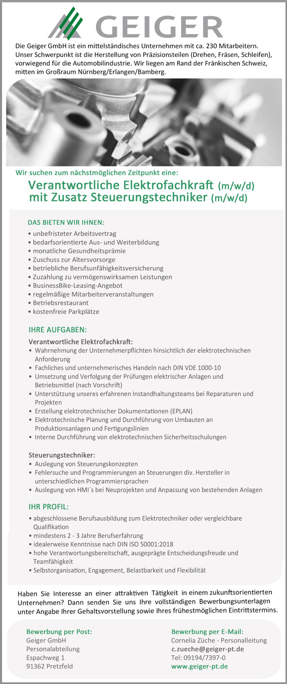 Stelle als verantwortliche Elektrofachkraft mit Zusatz Steuerungstechniker (m/w/d)