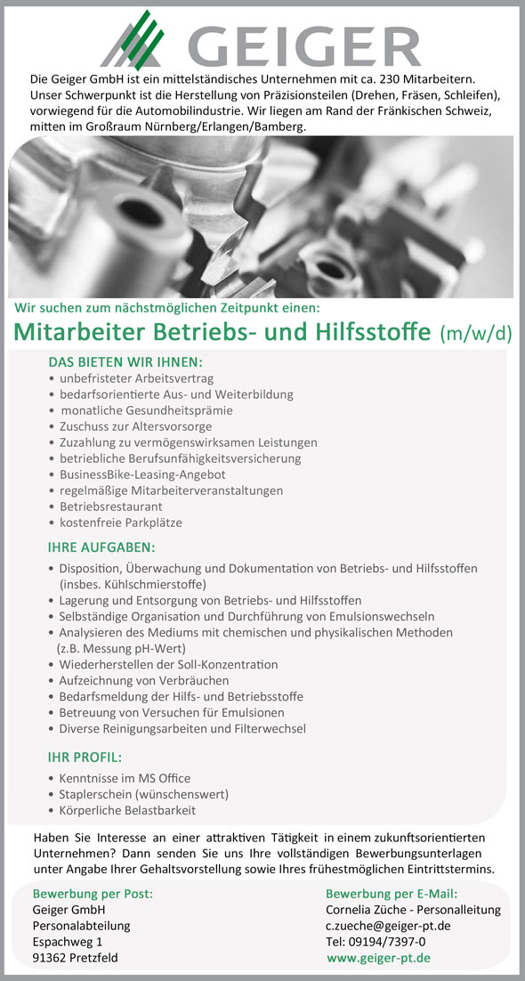 Stelle als Mitarbeiter Betriebs- und Hilfsstoffe (m/w/d)