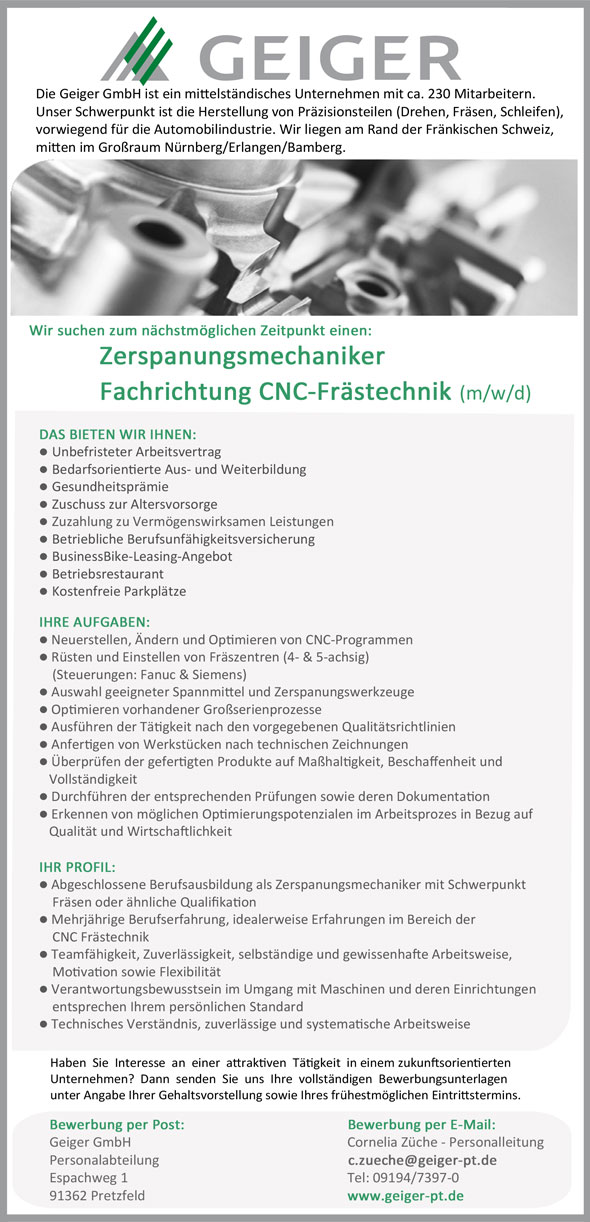 Stelle als Zerspanungsmechaniker Fachrichtung Frästechnik (m/w/d)