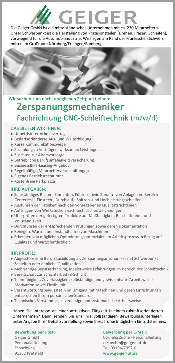 Stelle als Zerspanungsmechaniker Fachrichtung Schleiftechnik (m/w/d)