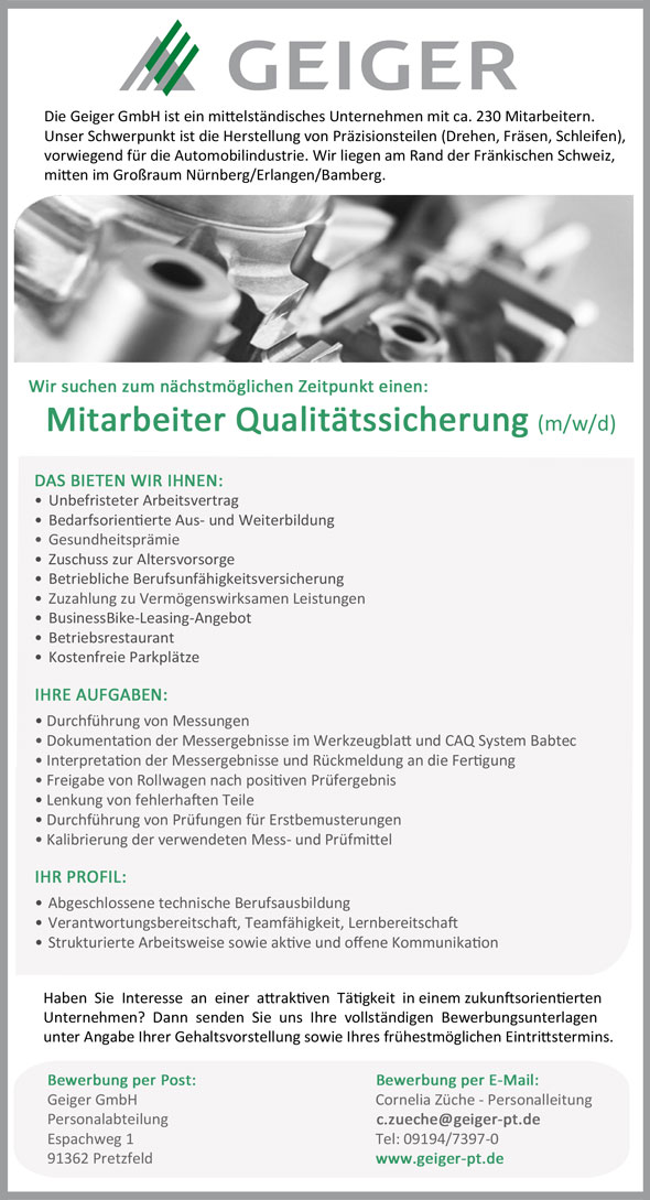 Stelle als Mitarbeiter Qualitätssicherung (m/w/d)