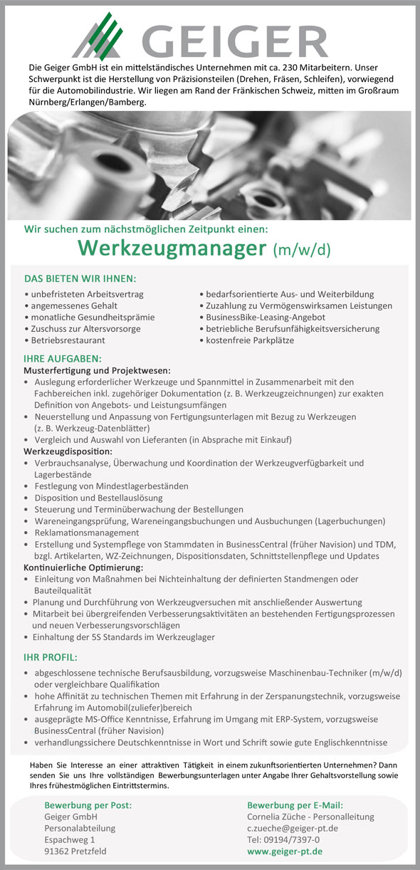 Stelle als Werkzeugmanager (m/w/d)